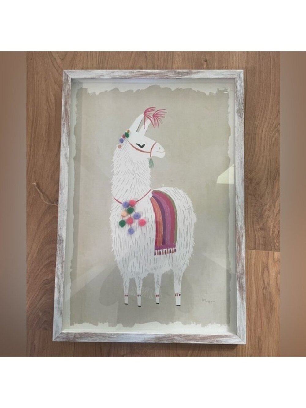 Llama Wall Art with Pom Pom’s –Framed Canvas, Rustic White Frame (16.9” x 24.8”)